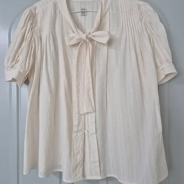 [BUNJANG] Ivory Ribbon Puff Sleeve Blouse / 아이보리 반팔 리본 퍼프 블라우스