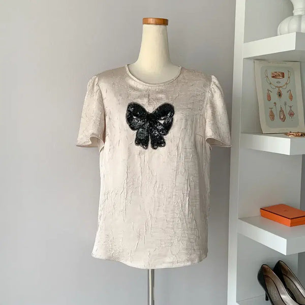 [BUNJANG] DEBB Sequin Ribbon Short-Sleeve Blouse / 뎁(DEBB) 앤디앤뎁 스팽글 리본 반팔 블라우스