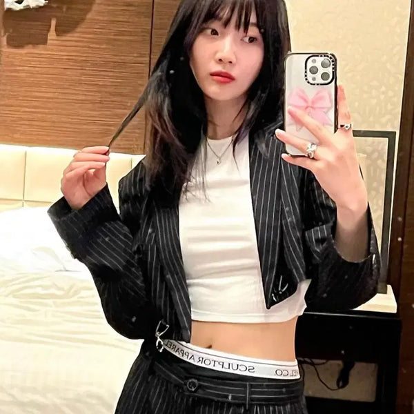 [BUNJANG] Sculptor Sagging Stripe Wide Pants (Gray) / 스컬프터 새깅 스트라이프 와이드 팬츠 조이 착용