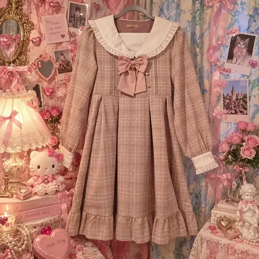 [BUNJANG] Amavel Beige Check Ribbon Dress / Amavel 아마벨 베이지 체크 리본 원피스(국내 유일 매물)