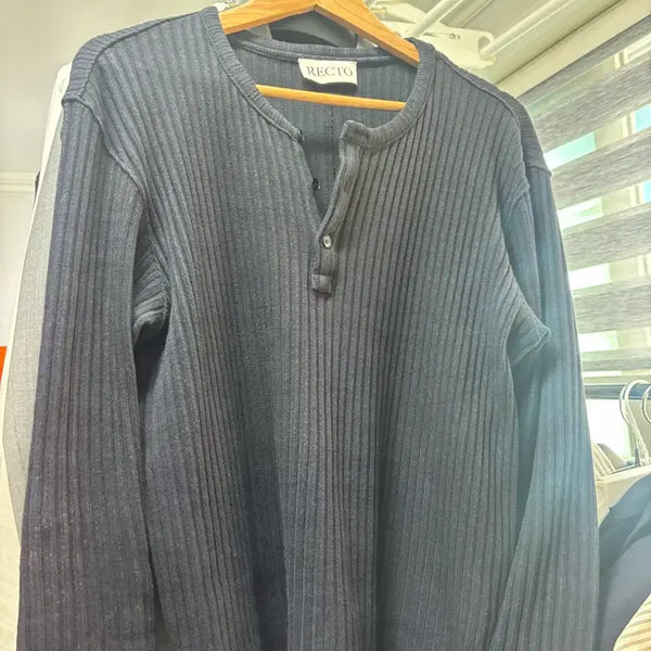 [BUNJANG] Recto Jacquard Henley Knit Black L / 렉토 자카드 헨리넥 블랙 L