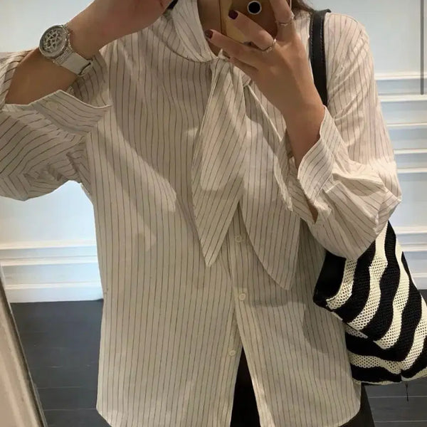 [BUNJANG] Stripe Tie Blouse - Ivory / 스트라이프 타이 블라우스 아이보리 쇼핑몰 정리 처분 새상품 에이블리 지그재그 존예 원가이하