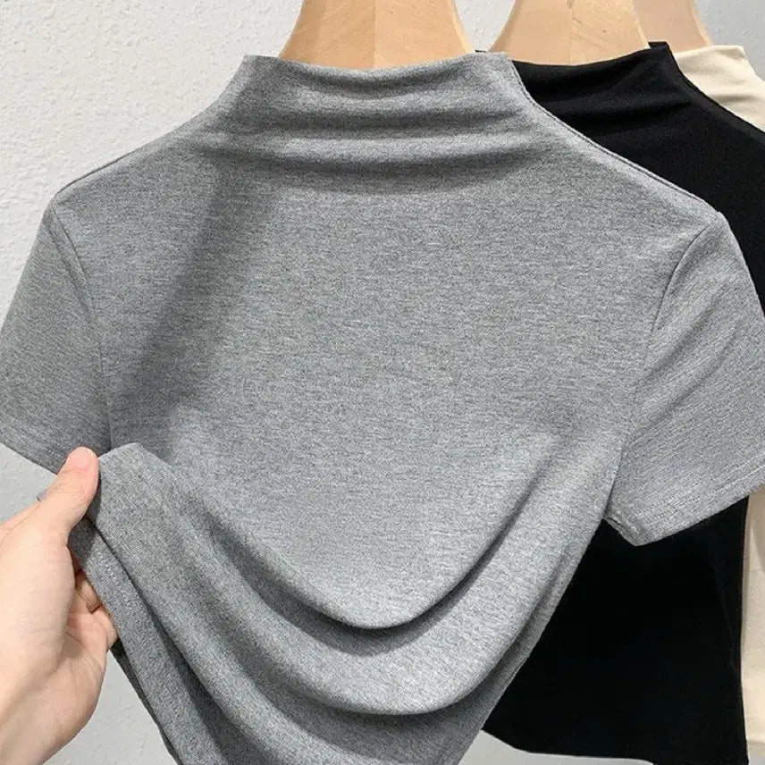 [BUNJANG] Basic Half-Sleeve T-shirt with Mock Neck / 반목 무지 반팔
