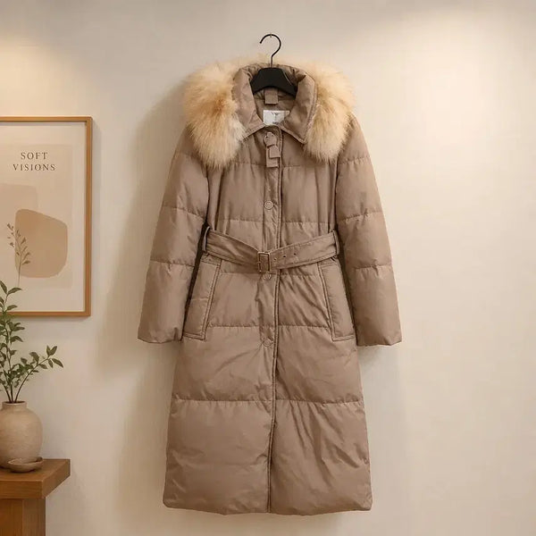 [BUNJANG] OBZEE Belted Long Goose Down Padding Coat with Fox Fur Trim / 오브제OBZEE 폭스 퍼 트리밍 벨티드 구스다운 롱 패딩 코트 82-94-155사이즈