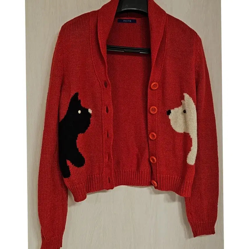 [BUNJANG] Keith Dog Pattern Red Cardigan / KEITH 강아지 패턴 레드 가디건