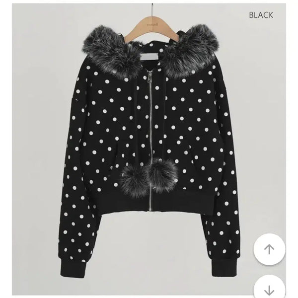 [BUNJANG] Dot Fur Lined Hood Zip-Up / [새상품] 도트 퍼 기모 후드집업