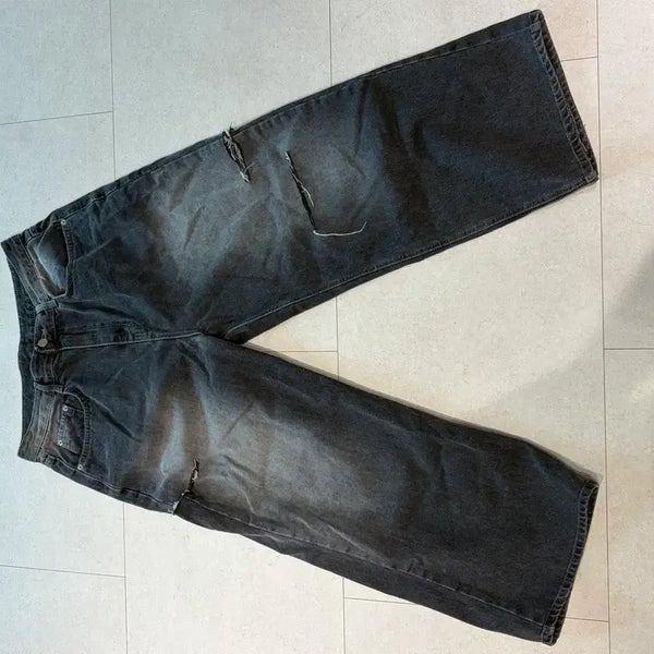 [BUNJANG] Distressed Black Wide-Leg Pants / 찢청 흑청 와이드팬츠