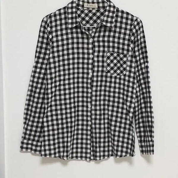 [BUNJANG] Black Check Pattern Long Sleeve Shirt - Size 55 / 블랙 체크 남방 55