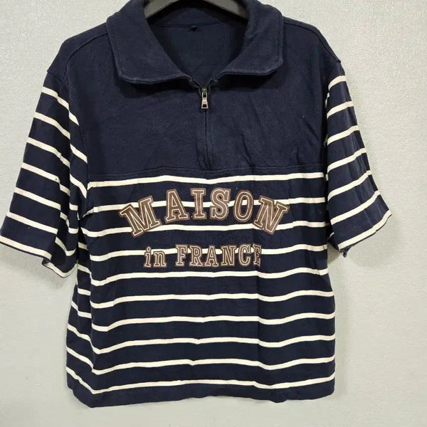 [BUNJANG] Brielle Stripe Cropped Half-Zip Sweatshirt / 브리엘 스트라이프 크롭 반집업티 66전후