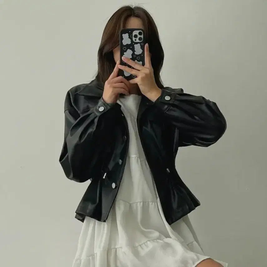 [BUNJANG] Black Leather Jacket with Waist String / 에이블리 블랙 레더 가죽 자켓 스트링