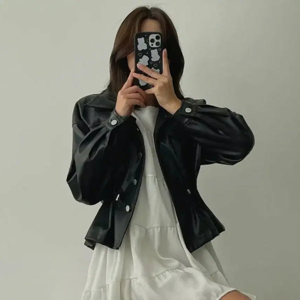 [BUNJANG] Black Leather Jacket with Waist String / 에이블리 블랙 레더 가죽 자켓 스트링