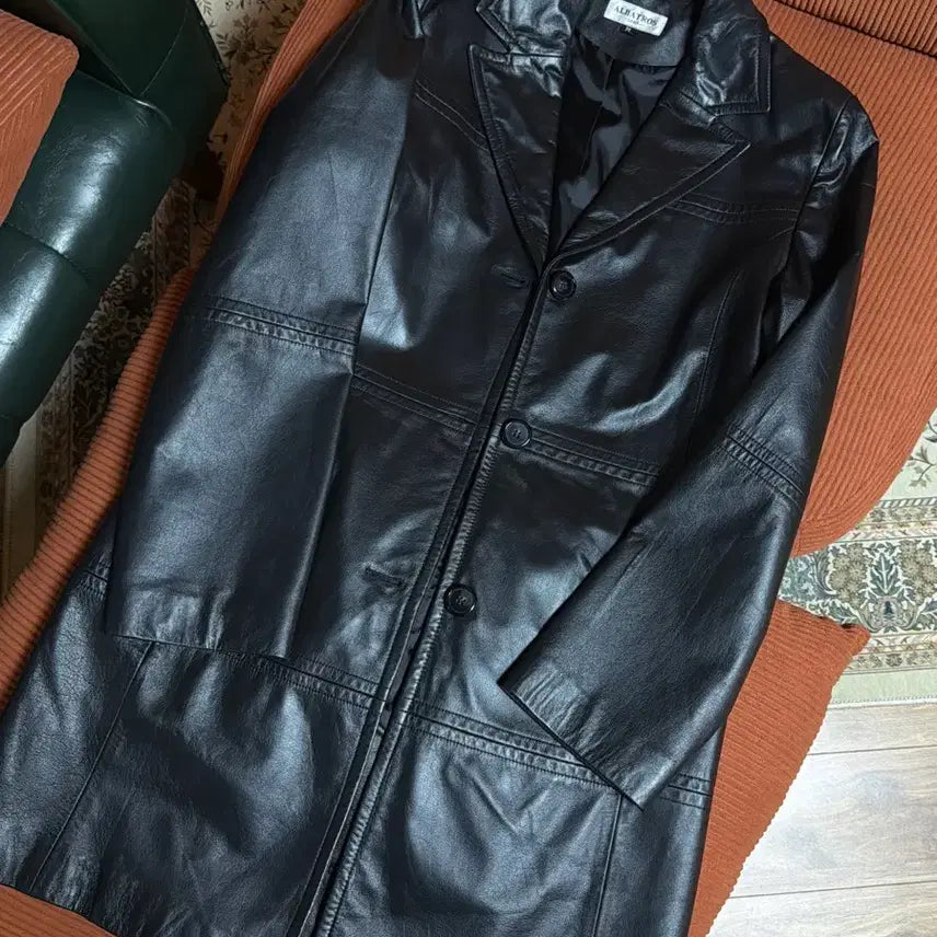 [BUNJANG] Vintage Black Leather Long Jacket M / 빈티지 블랙 레더 롱자켓 M 가죽자켓 트렌치코트
