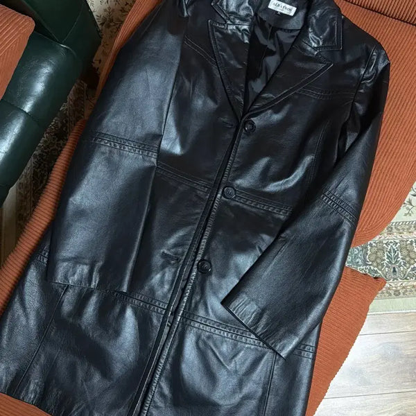[BUNJANG] Vintage Black Leather Long Jacket M / 빈티지 블랙 레더 롱자켓 M 가죽자켓 트렌치코트