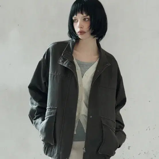 [BUNJANG] LEATHERY High-Neck Washed Leather Blouson Jacket / 레더리 하이넥 워시드 레더 블루종 자켓