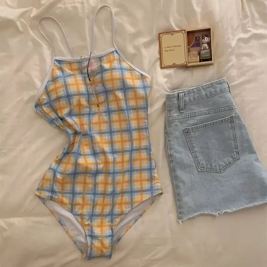 [BUNJANG] Yellow Checkered Monokini Swimsuit / 옐로우 체크 패턴 수영복 모노키니