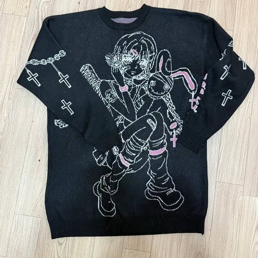 [BUNJANG] Anime Print Black Sweater / 블랙 스웨터 애니메이션 프린트(오타쿠 미소녀 양산형 지뢰계 서브컬쳐 하라주쿠 레플렘 딤모아르 리즈리사 마즈 디마로법 시허니)