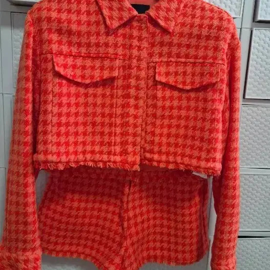 [BUNJANG] ZARA Orange Check Crop Jacket & Pants Set Up - Size S / ZARA 자라 오렌지 체크 크롭 자켓 바지 셋업 s 민트급