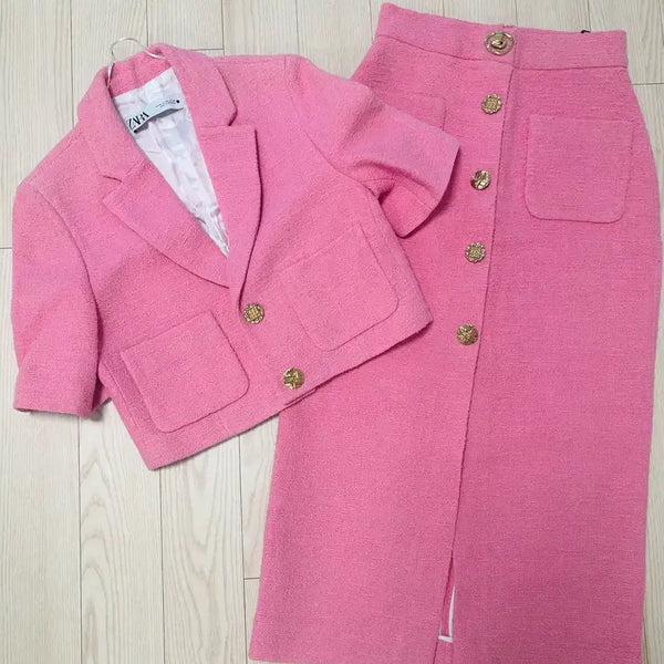 [BUNJANG] Zara Pink Tweed Setup Jacket Skirt Set / 자라 핑크 트위드 셋업 세트 자켓 스커트
