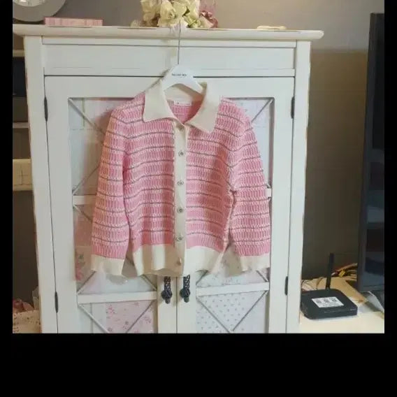 [BUNJANG] It Michaa Pink Stripe Knit Cardigan / 잇미샤 니트 스웨터 가디건/55-정66