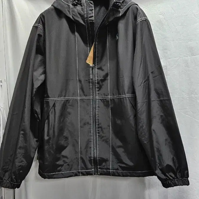 [BUNJANG] Black Windbreaker Hooded Zip-Up Jacket / 블랙 바람막이 후드 집업
