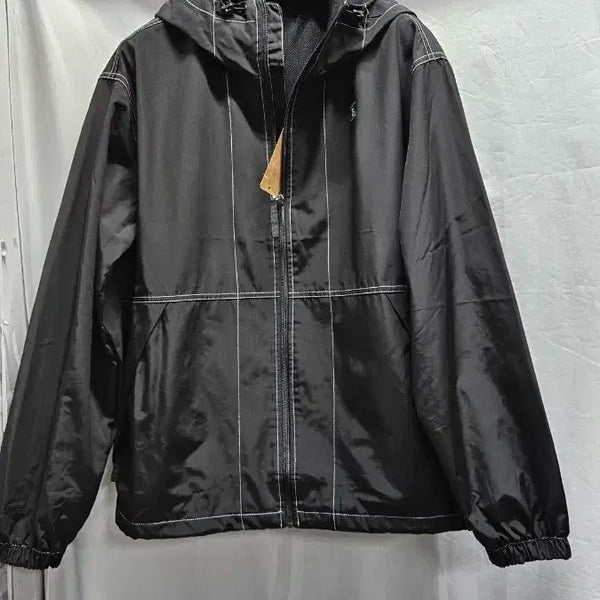 [BUNJANG] Black Windbreaker Hooded Zip-Up Jacket / 블랙 바람막이 후드 집업