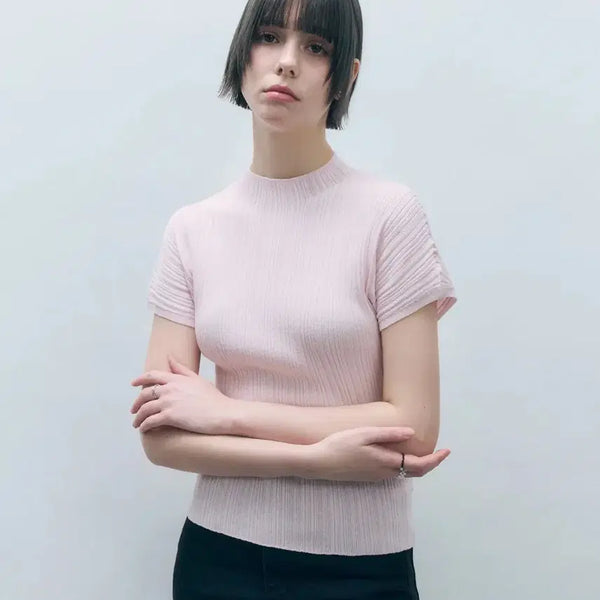 [BUNJANG] Mongdol Half-neck Pleated Knit Top - Pink / 새상품) 몽돌 홀가먼트 하프넥 플리츠 니트 탑 핑크