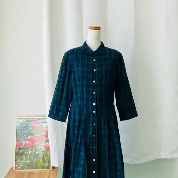 [BUNJANG] BCBG Flower Pattern Green Check Dress - M / BCBG 플라워 패턴 그린 체크 원피스 M