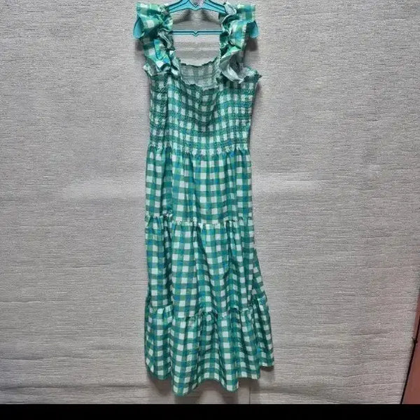 [BUNJANG] Y245 Frill Long Dress - Mint Check Pattern / y245 프릴 롱 원피스