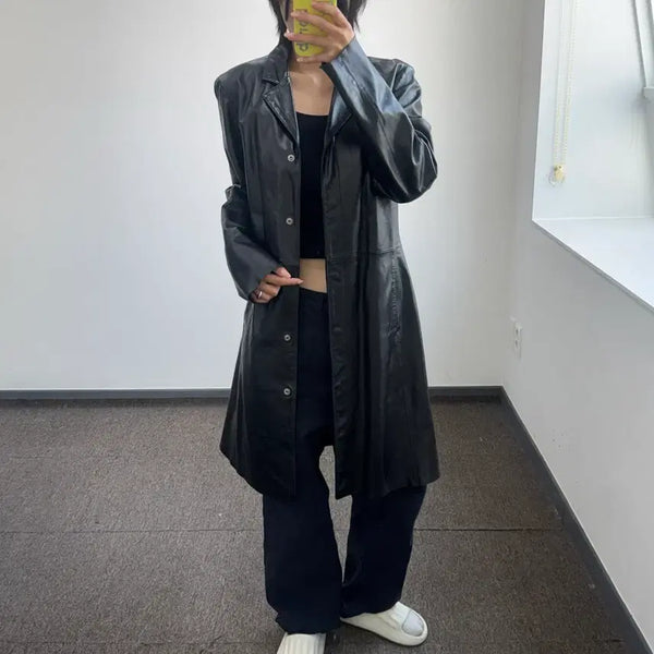 [BUNJANG] Benetton Real Leather Black Long Jacket / Benetton 베네통 리얼레더 블랙 롱 자켓