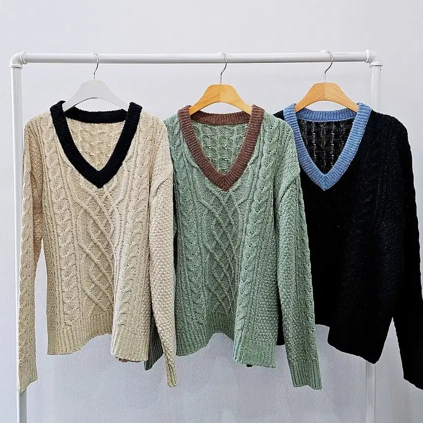 [BUNJANG] V-Neck Cable Knit Sweater / 새옷))v넥 꽈배기 니트 3컬러 선택1