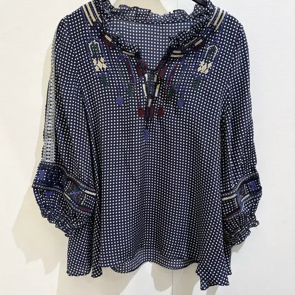 [BUNJANG] 100% Silk Navy Dotted Embroidered Blouse / [10/20일까지] 100% 실크 도트 자수 블라우스 네이비 / 44~66 여유핏 / 청담 부티크 수입