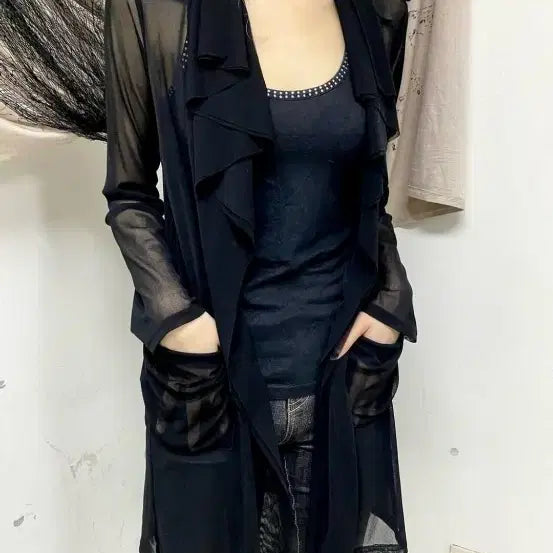 [BUNJANG] Sheer Black Wrap Cardigan / 비갸루 시스루 블랙 랩가디건