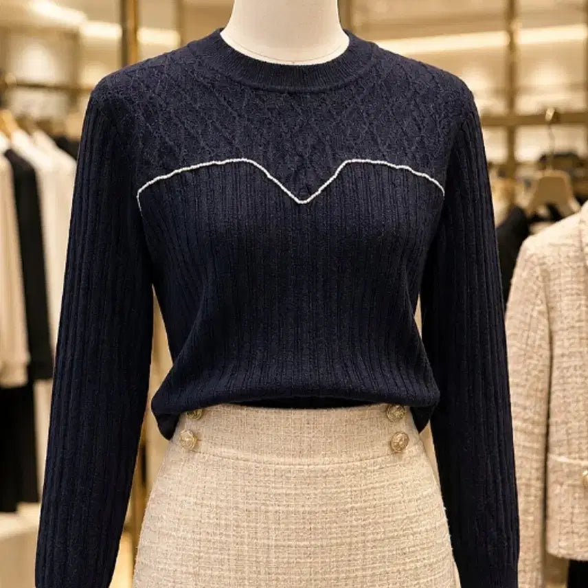 [BUNJANG] Maison Blanche Cubic Bead Embellished Knit / (새상품) 메종블랑쉬 큐빅 비즈 배색 라인 니트