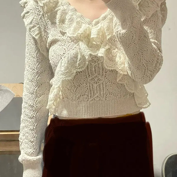 [BUNJANG] Zara Ruffled Lace Crochet Knit / 자라 프릴 레이스 크로셰 니트