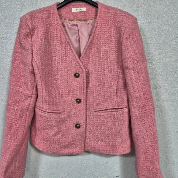 [BUNJANG] Pollen Pink Tweed V-Neck Jacket 66 / pollen 브이넥 핑크 트위드쟈켓 66