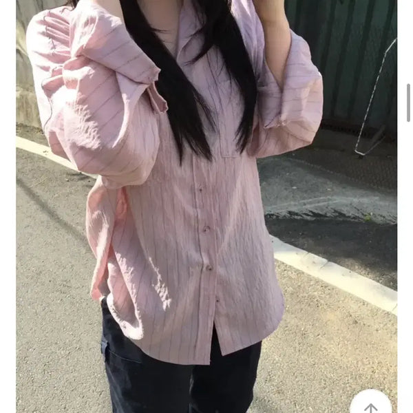 [BUNJANG] Summer Bubble Stripe Shirt / 에이블리 지그재그 핑크셔츠 썸머 버블 스트라이프 셔츠