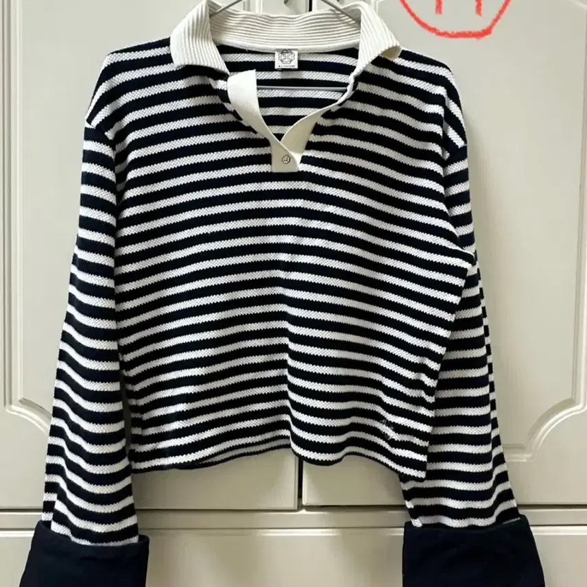 [BUNJANG] At Corner Striped Collar Crop Knit / 앳코너 atcorner 스트라이프 카라 크롭 니트