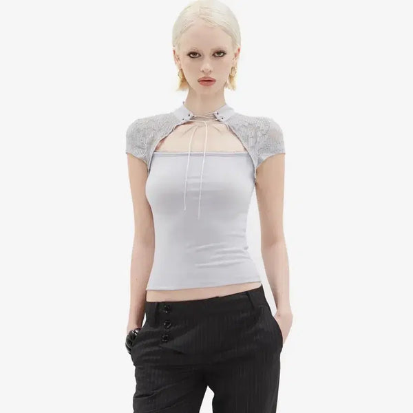 [BUNJANG] Hilda Tie-Neck Lace Slim Tee / 힐다 타이넥 레이스 슬림 티