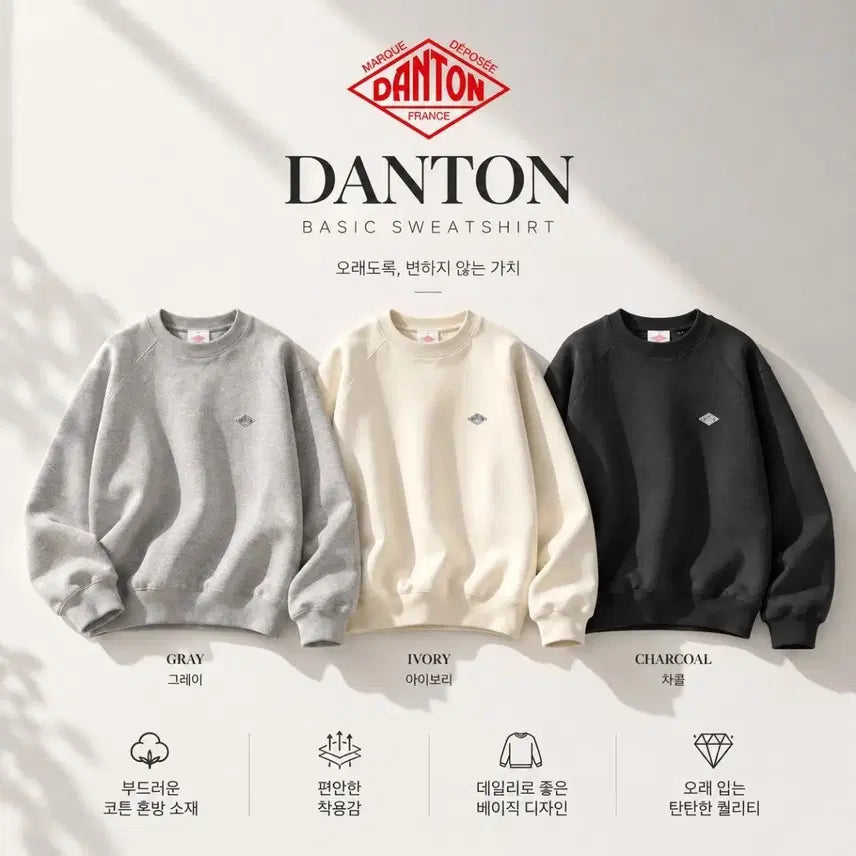 [BUNJANG] Danton Basic Sweatshirt (Grey, Ivory, Charcoal) / DANTON 베이직 스웻셔츠 그레이/아이보리/차콜