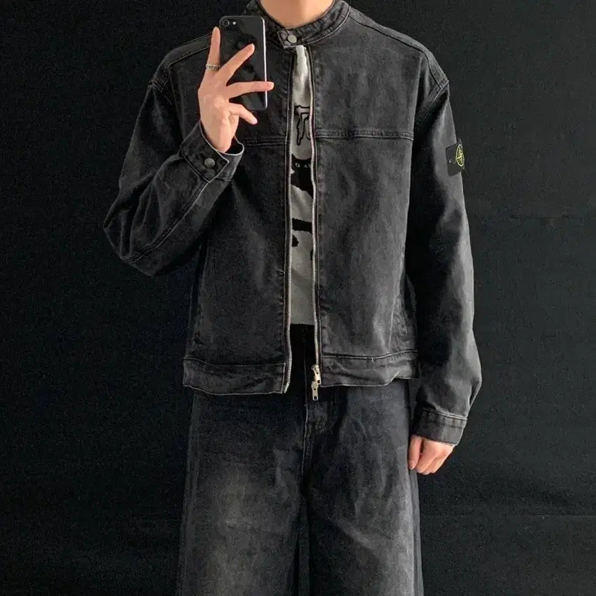 [BUNJANG] Washed Stretch Denim Biker Jacket / 워싱 스판 데님 바이커 자켓