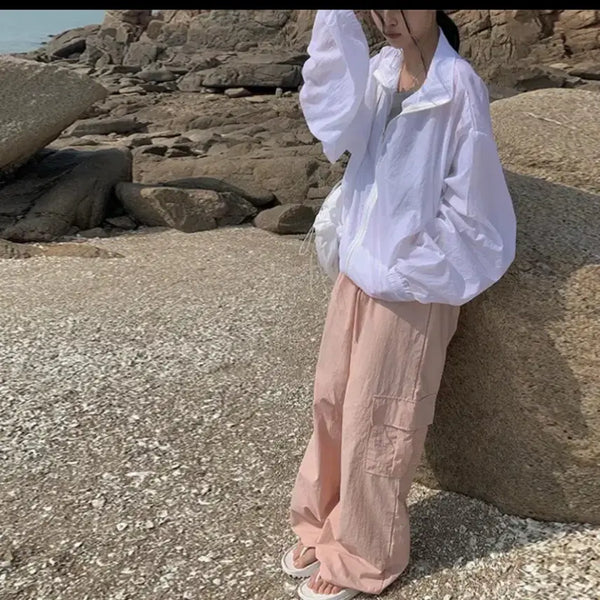 [BUNJANG] Anyone More Pixie Asymmetrical Pocket Cargo Nylon Pants Pink / 애니원모어 픽시 언발 포켓 카고 나일론 팬츠