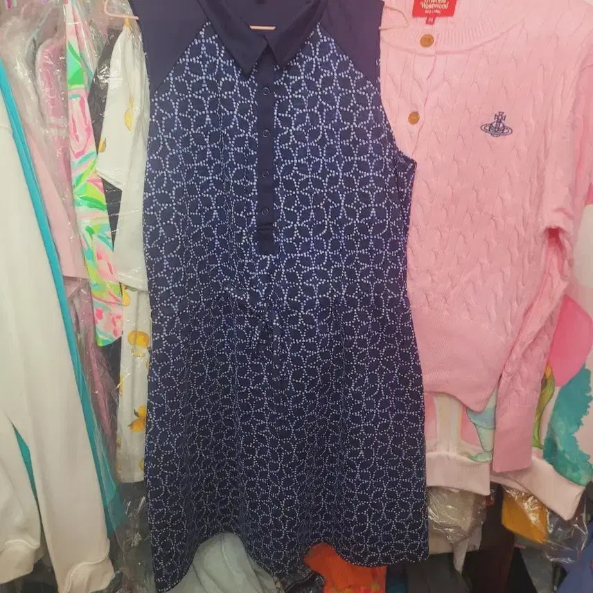 [BUNJANG] Talbot Navy Pattern Midi Dress M / 탈봇 원피스 네이비 패턴 수입M