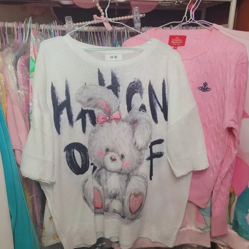 [BUNJANG] Bear Printing Short Sleeve Knit Top / 곰돌이 프린팅 반팔 니트