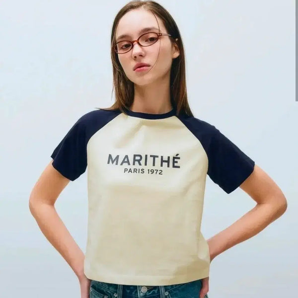 [BUNJANG] Marithe Francois Girbaud Regular Logo Raglan Crop Tee Navy / 마리떼 반팔 티