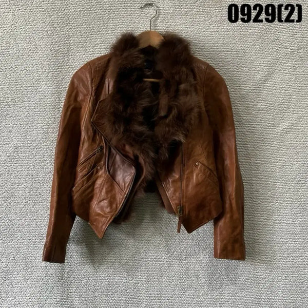 [BUNJANG] Cream Leather Fur Jacket Brown S / Cream 가죽 퍼 자켓 브라운 s