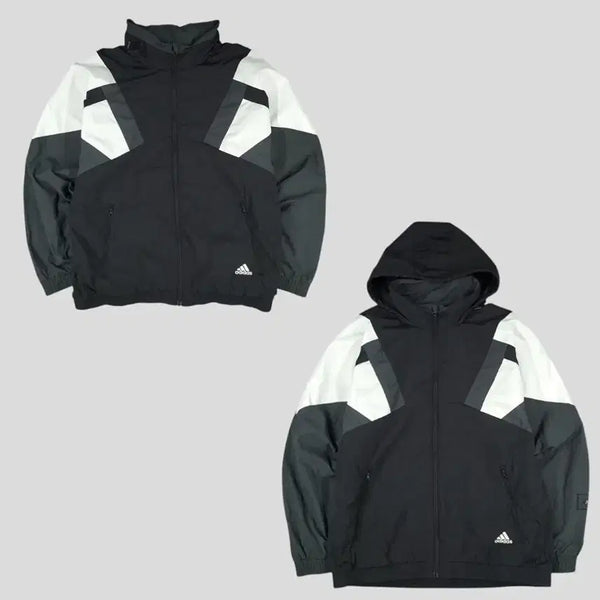 [BUNJANG] Adidas Colorblock Raglan Hooded Windbreaker / 아디다스 블랙 화이트 딥그레이 배색 로고 라이닝 레글런 기모 가오리핏 히든후드 바람막이 2XL