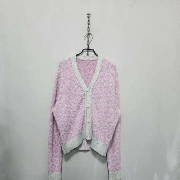 [BUNJANG] Pink Pattern Knit 100% Wool Cardigan / 핑크색 패턴 니트  울100%가디건
