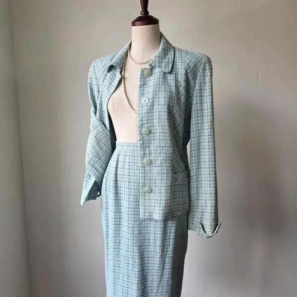 [BUNJANG] Italy Fabric Sky Check Setup Jacket Skirt Set / 이태리 패브릭 하늘 체크 셋업 자켓 스커트 세트