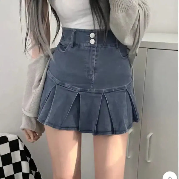 [BUNJANG] High-Waisted Double-Button Denim Mini Flare Skirt / 하이웨스트 더블버튼 데님 미니 플레어 스커트 치마