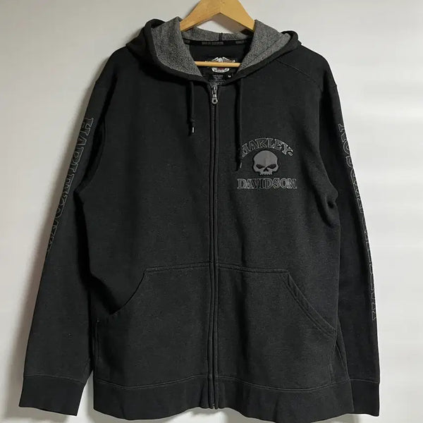 [BUNJANG] Harley-Davidson Skull Patch Side Lettering Oversized Hooded Sweatshirt / 공용 할리데이비슨 스컬패치 사이드 레터링 오버핏 후드집업 스웻셔츠 M
